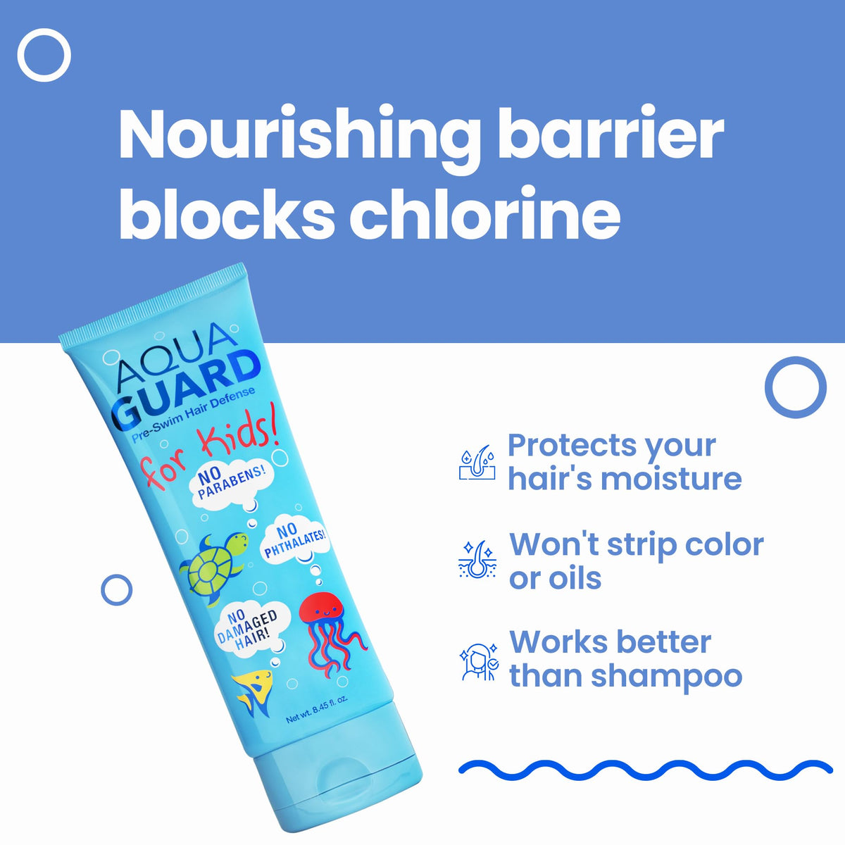 Child using AQUA GUARD in pool setting keeping hair protected and manageable