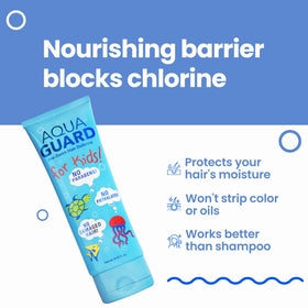 Child using AQUA GUARD in pool setting keeping hair protected and manageable