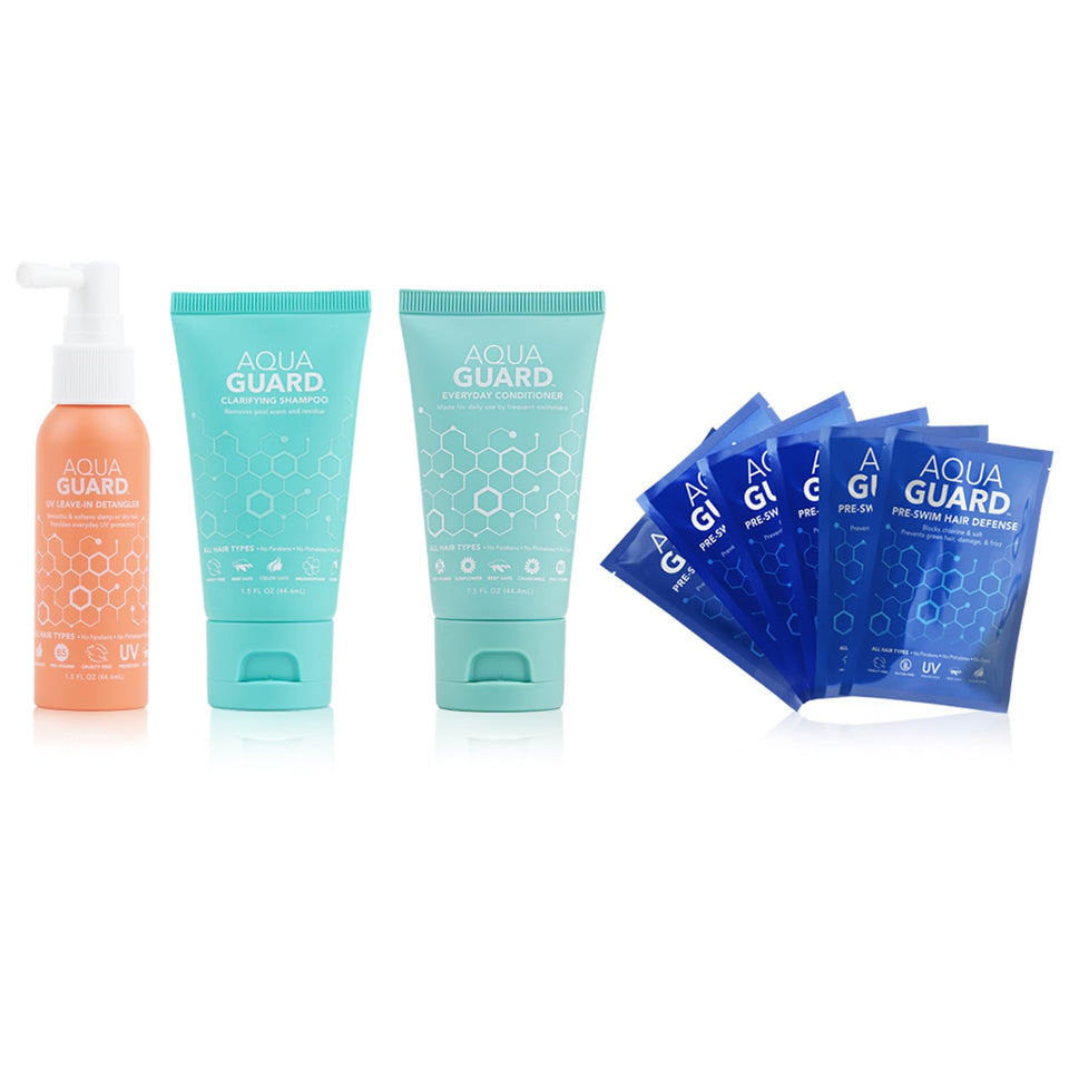 AQUA GUARD front packaging showing compact travel hair care kit benefits