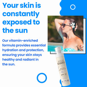 AQUA GUARD poolside lifestyle scene showing real-world hydration and protection benefit