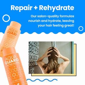 AQUA GUARD bottles next to a hand to display size and travel-friendly convenience