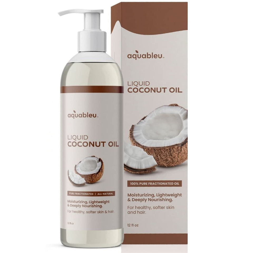 Aquableu front label of 12 oz bottle showing pure coconut oil benefits