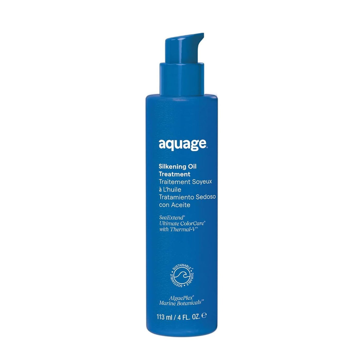 Aquage SeaExtend front bottle showing clear oil and brand for shelf-ready shine