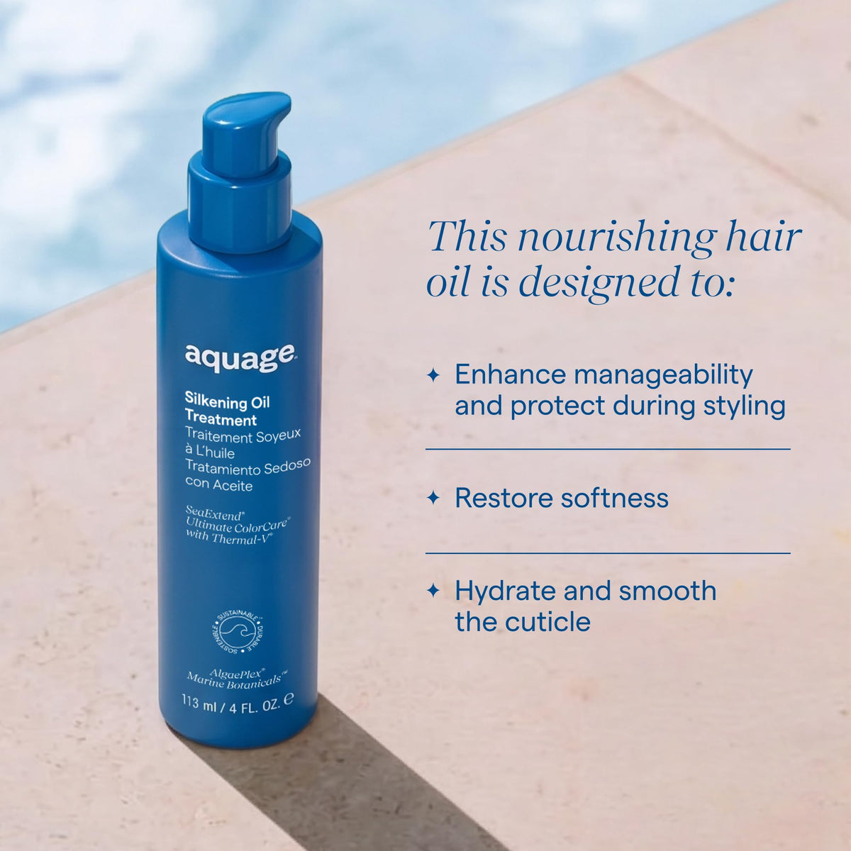 Close-up oil texture of Aquage SeaExtend highlighting lightweight, non-greasy absorption
