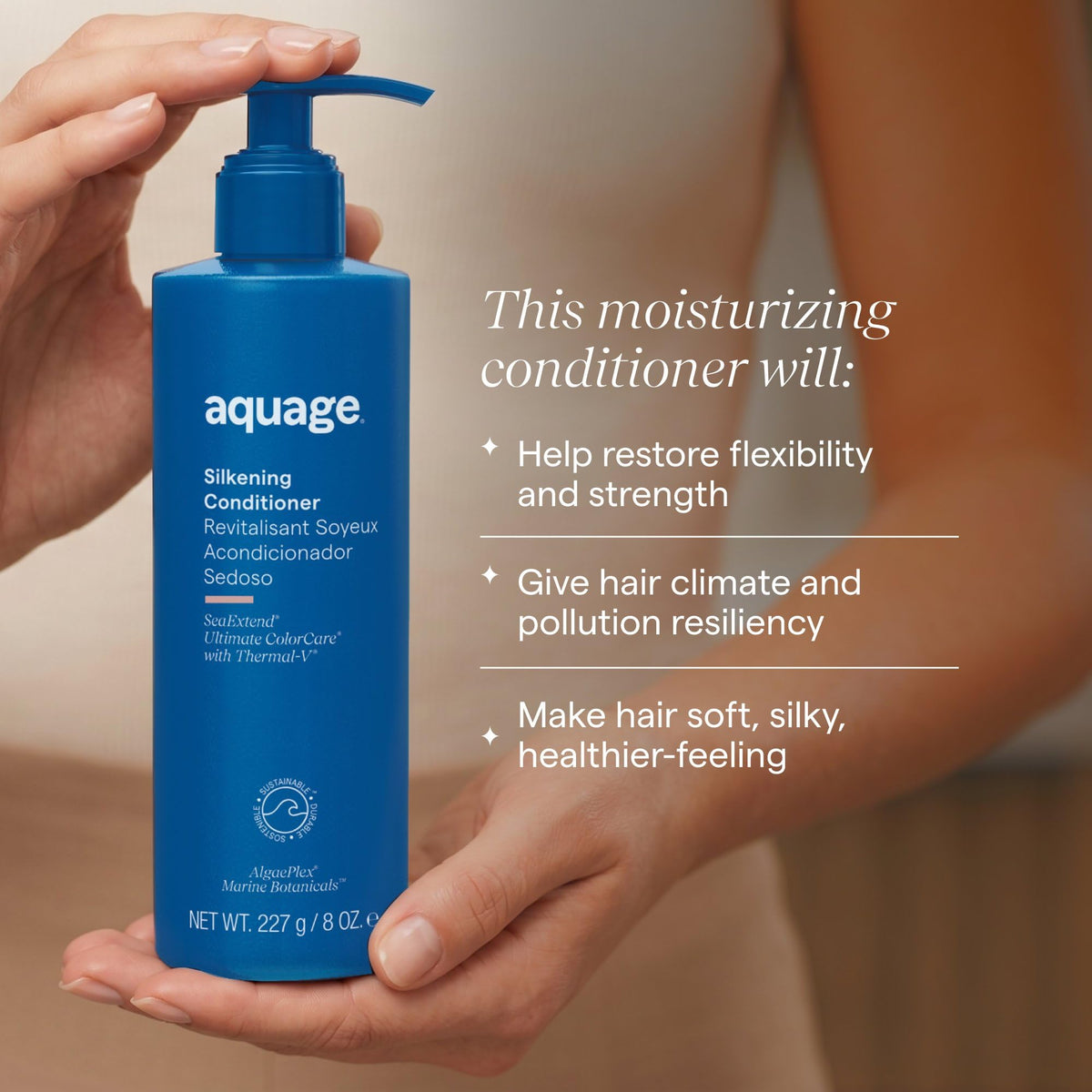 Aquage conditioner pump close-up delivering controlled amount and easy dispensing