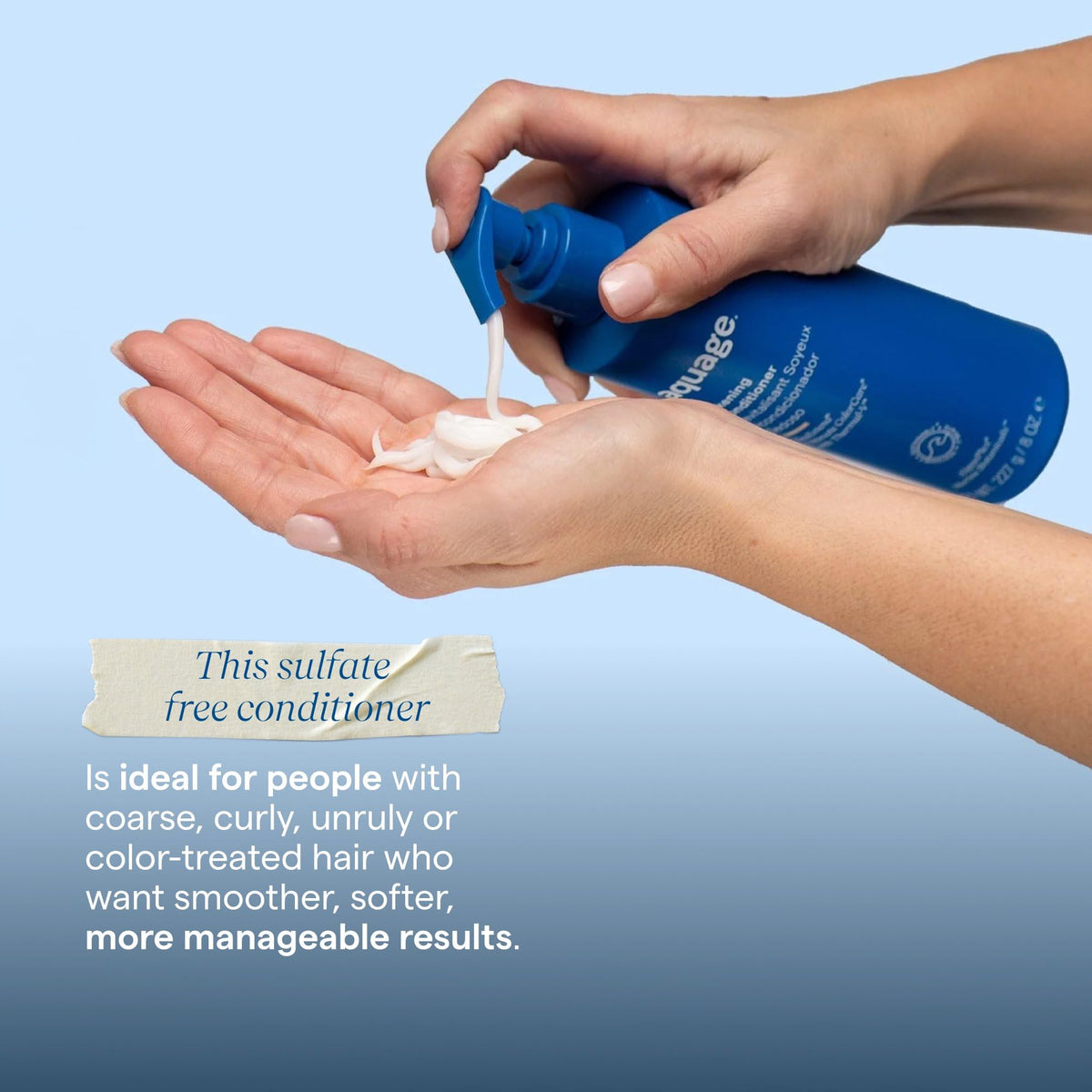 Aquage conditioner being dispensed into hand showing easy application