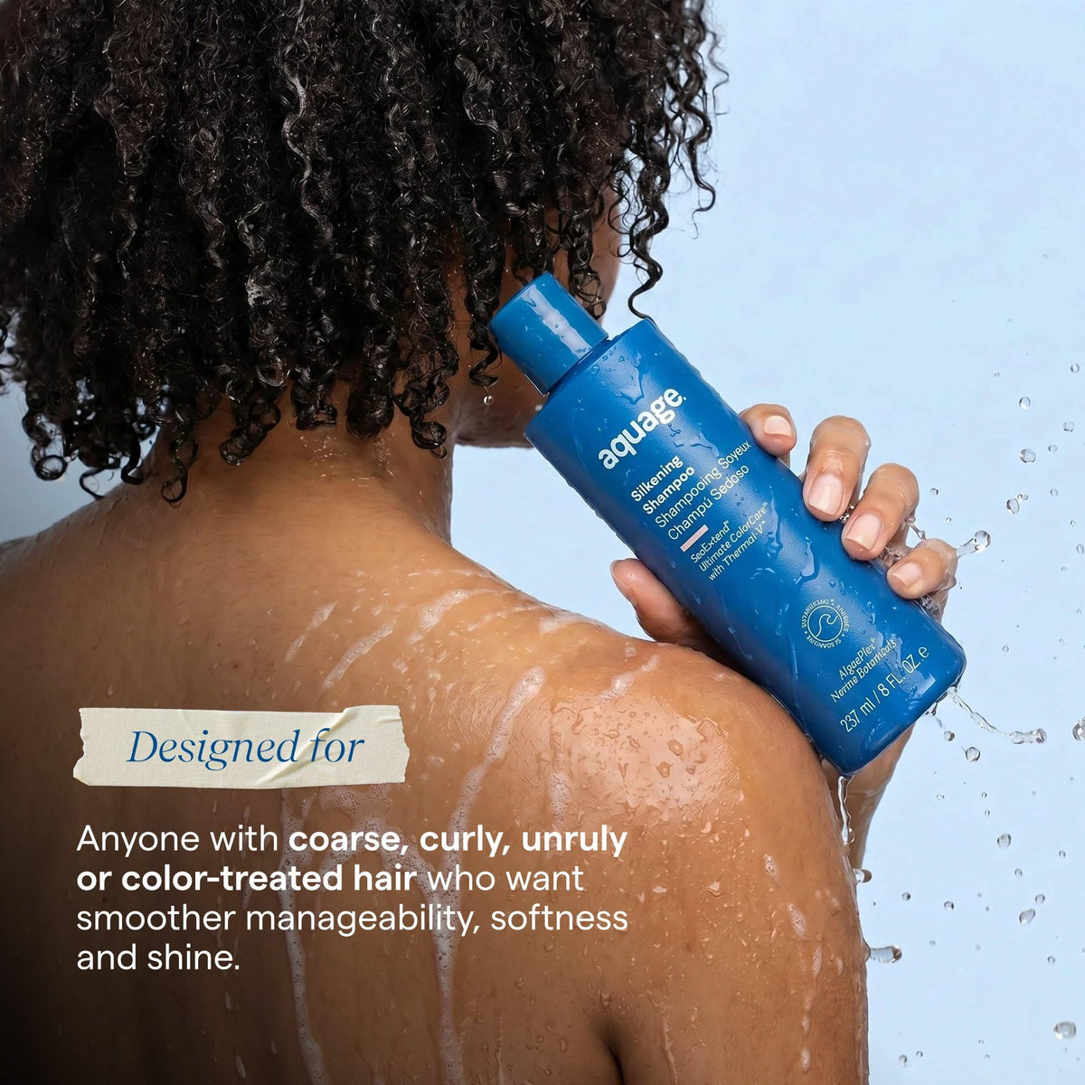 Aquage label highlighting Algaeplex and Algasilk benefits