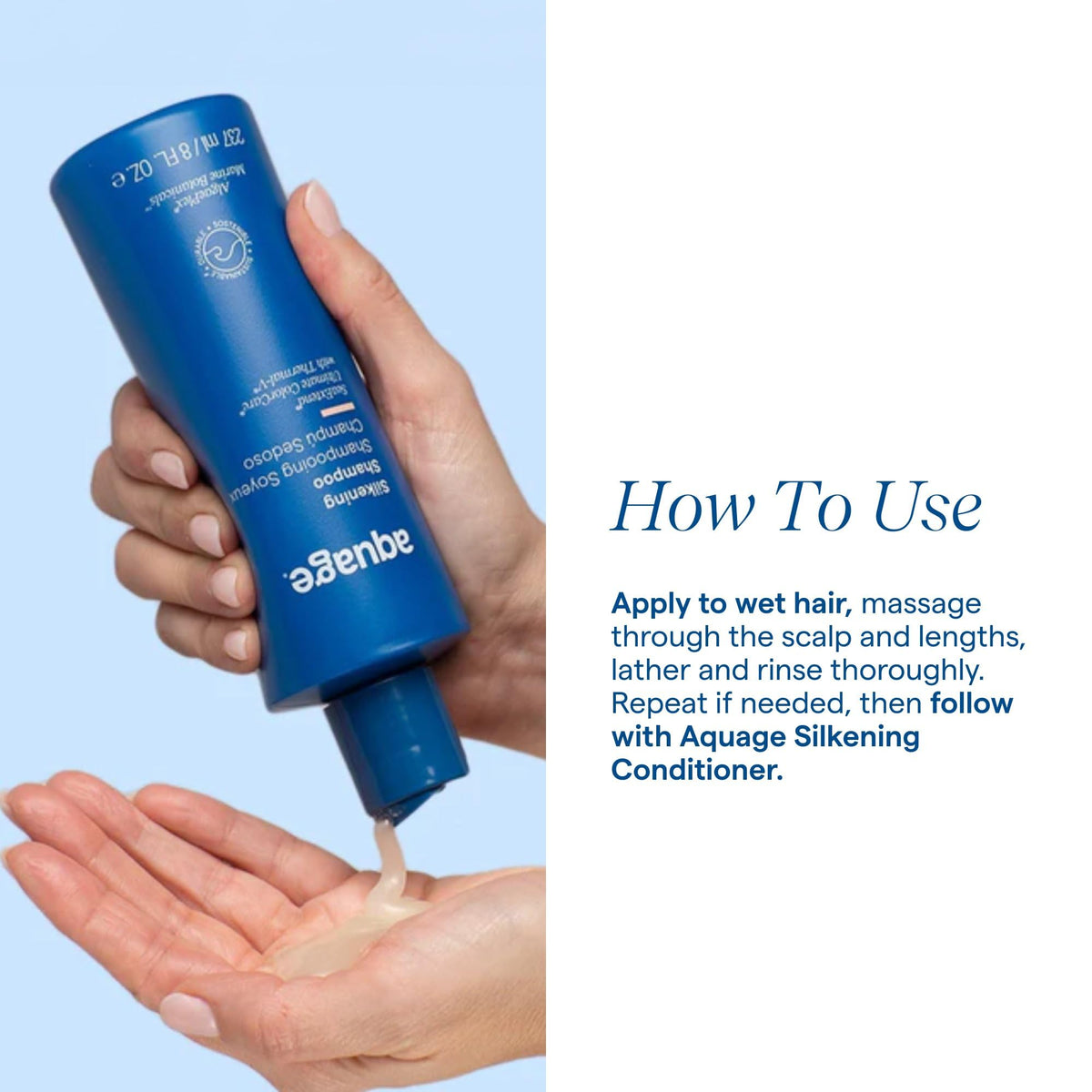 Aquage bottle held in hand showing 33.8 fl oz capacity benefit