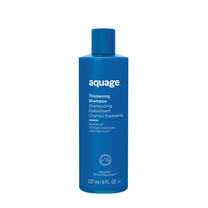 Aquage thickening shampoo front bottle showing label and volume, clear branding and benefit