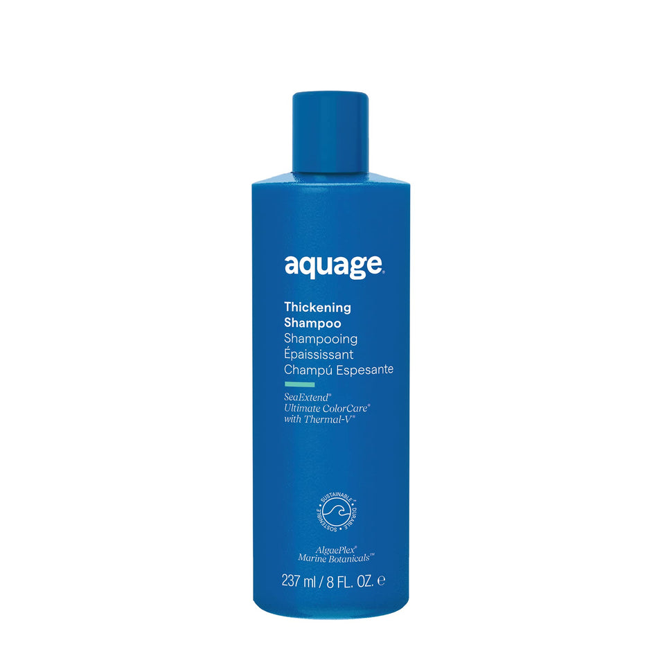 Aquage thickening shampoo front bottle showing label and volume, clear branding and benefit