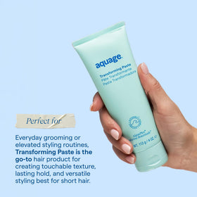 Stylist applying Aquage paste to short hair for defined texture