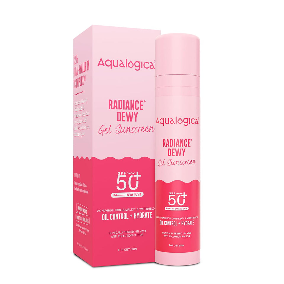 Aqualogica front tube of Radiance+ sunscreen showing label and size