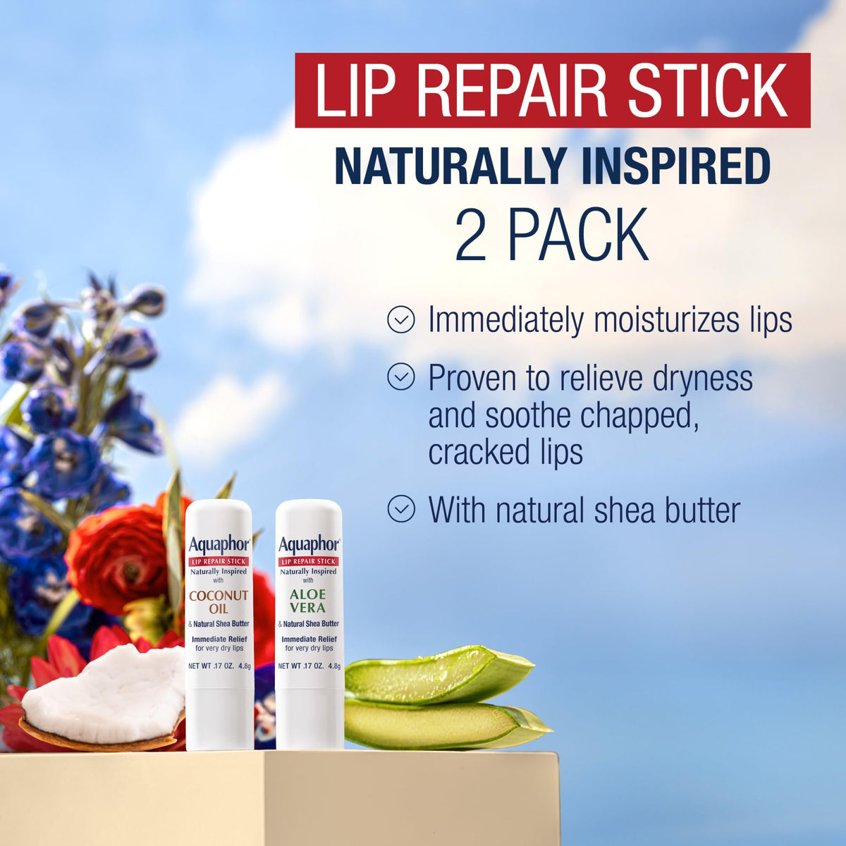 Aquaphor aloe vera stick open showing soothing gel-like finish benefit