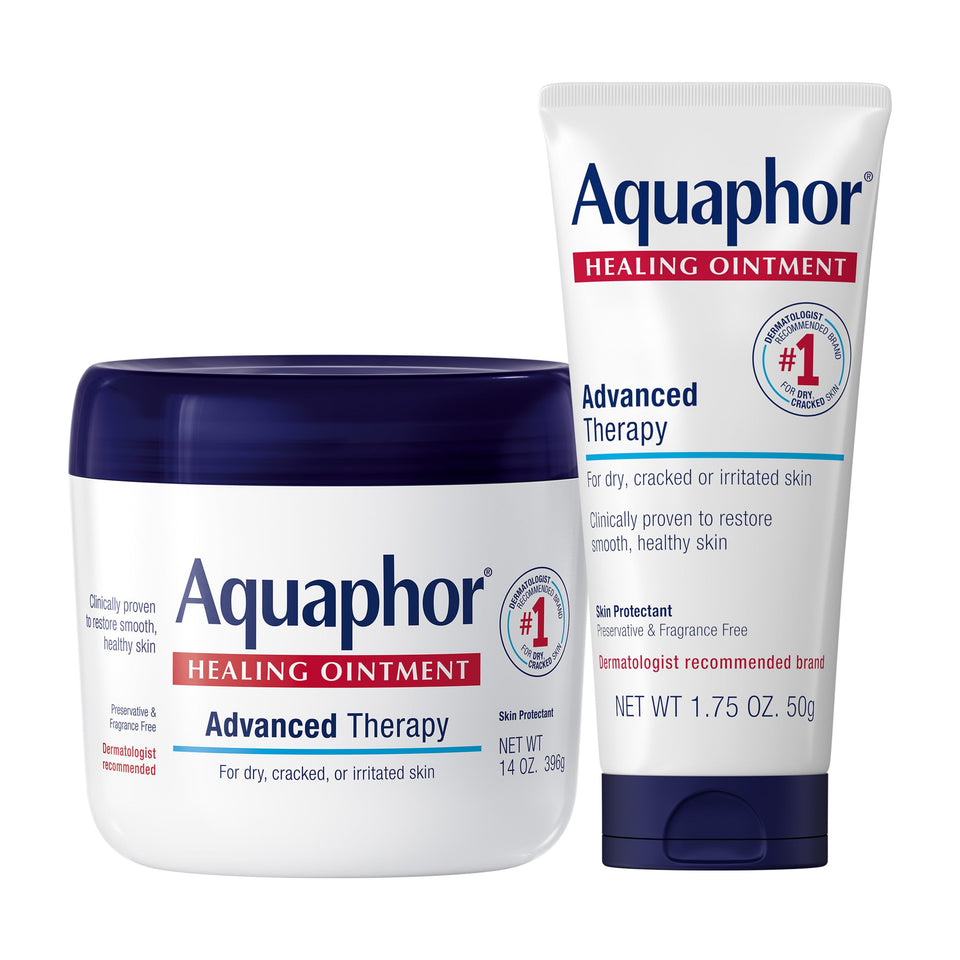 Aquaphor front packaging showing jar and tube for versatile care