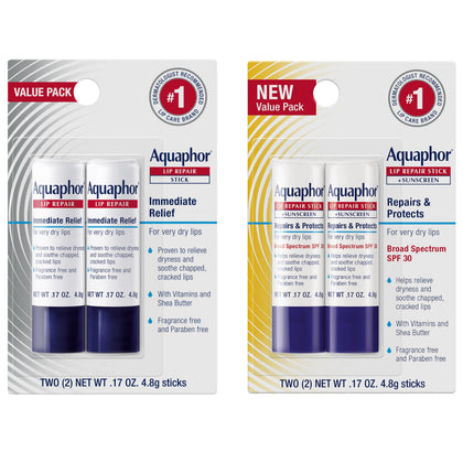 Aquaphor front packaging showing four lip balm sticks and brand protection