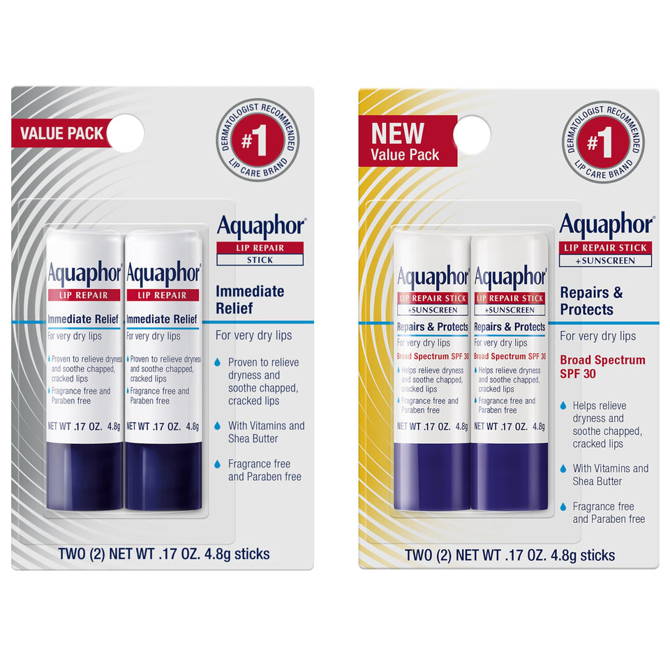 Aquaphor front packaging showing four lip balm sticks and brand protection