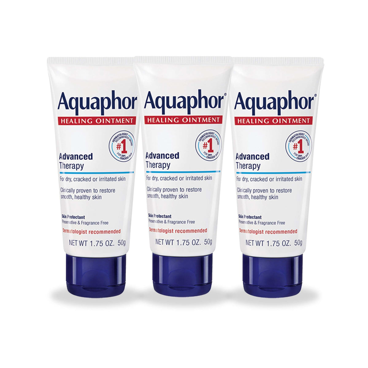 Aquaphor front packaging showing three tubes for easy travel and protection