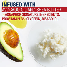Hands wearing Aquaphor gloves in use for intensive 10-minute treatment
