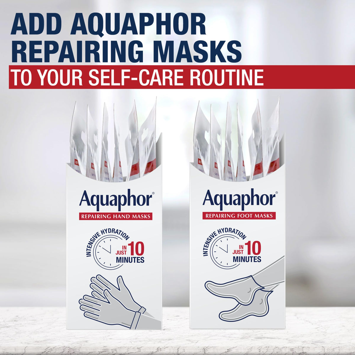 Aquaphor hand masks in a bathroom spa setting suggesting self-care ritual