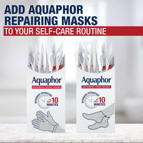 Aquaphor hand masks in a bathroom spa setting suggesting self-care ritual
