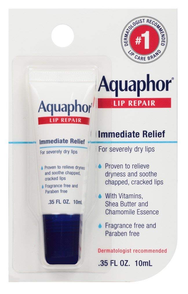 Aquaphor lip repair front packaging showing six compact tubes for quick relief