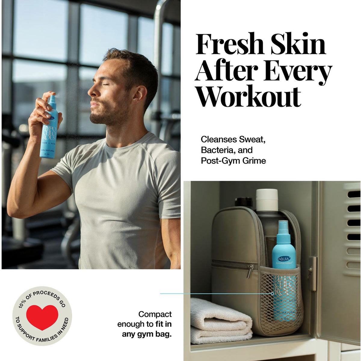 Aquia in hands at gym showing on-the-go hand and equipment refresh