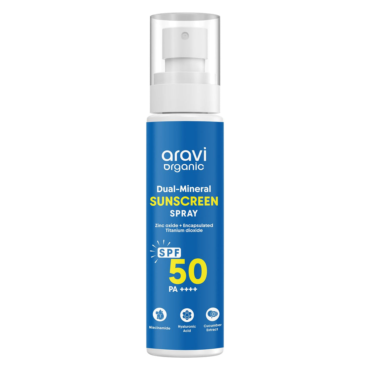 Aravi Organic bottle front view showing SPF 50 protection and compact size