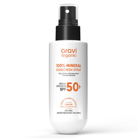Aravi Organic front packaging showing SPF 50 protection and compact bottle