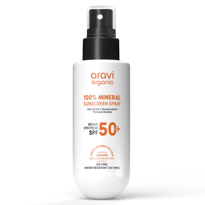 Aravi Organic front packaging showing SPF 50 protection and compact bottle
