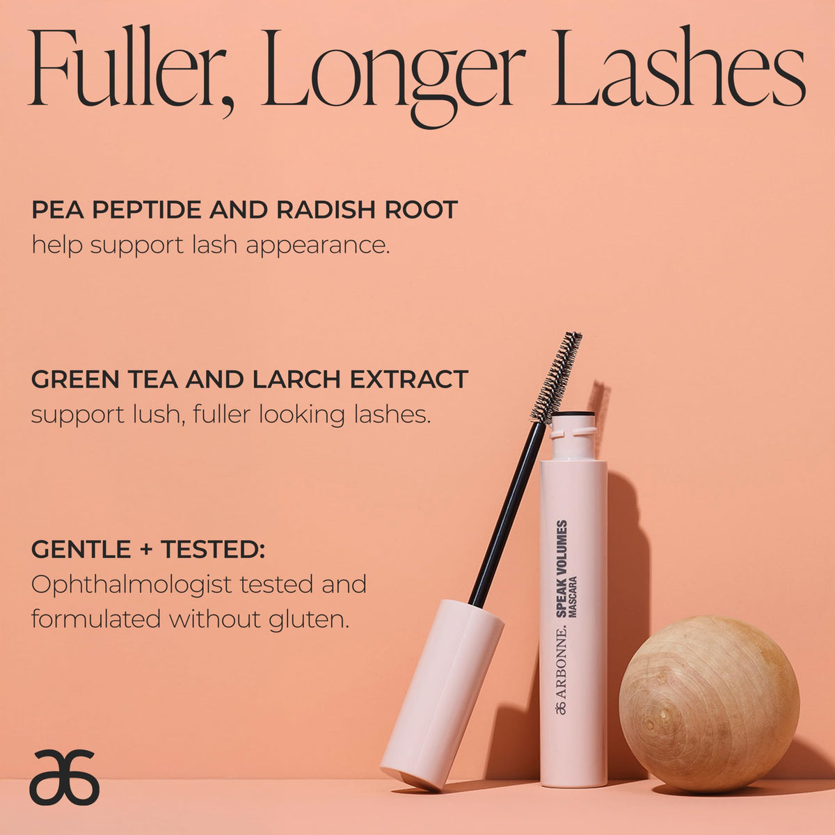 Arbonne Speak Volumes mascara texture on wand showing smooth, buildable formula
