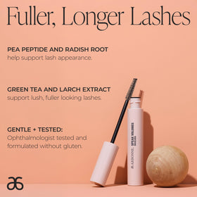 Arbonne Speak Volumes mascara texture on wand showing smooth, buildable formula