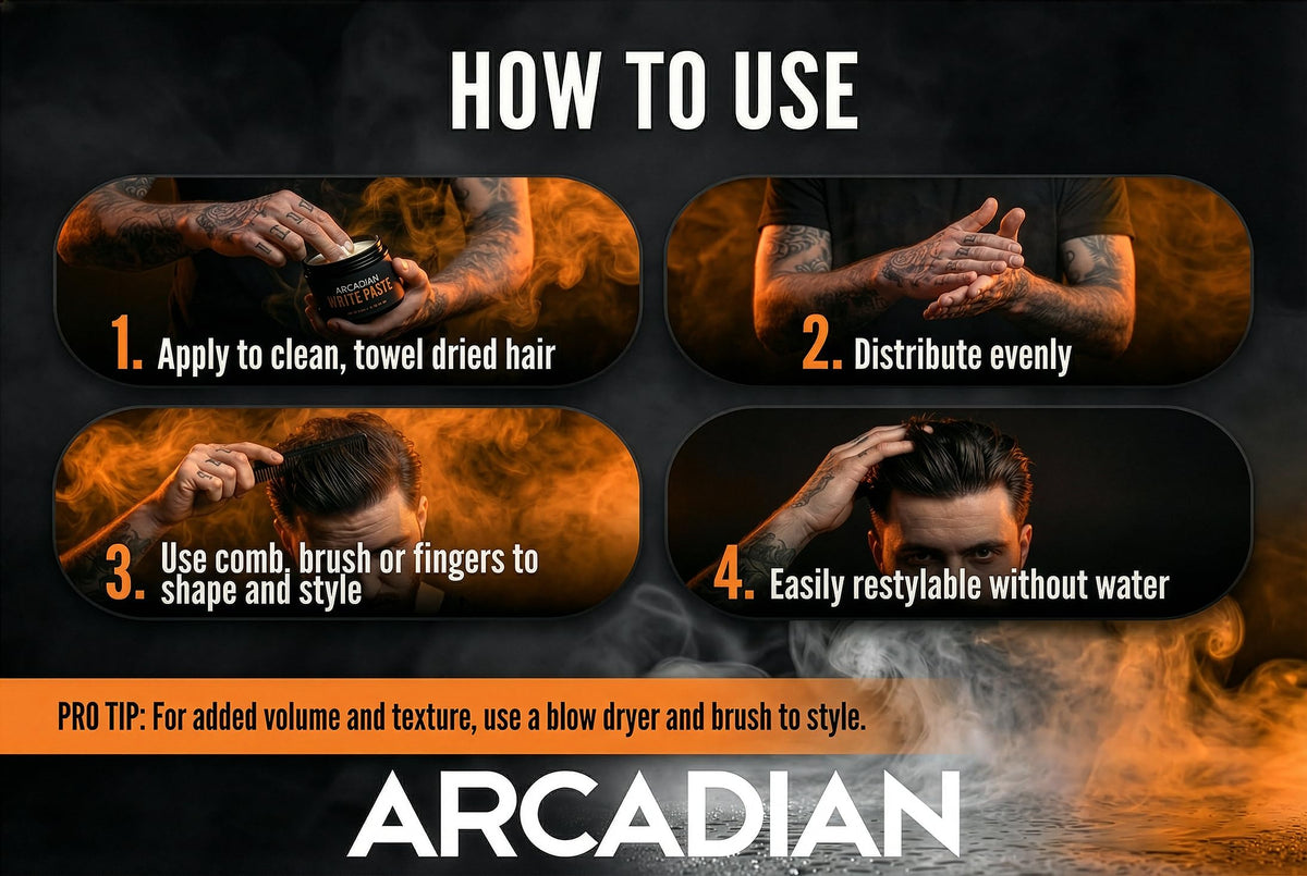 Arcadian pomade in hand showing simple application and control benefit
