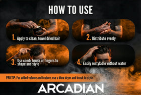 Arcadian pomade in hand showing simple application and control benefit