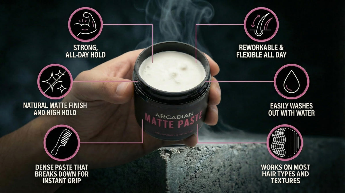 Arcadian paste open in jar displaying creamy clay texture for easy styling