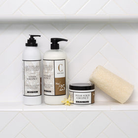 Archipelago Botanicals 18 oz bottle beside towel showing generous size for daily use