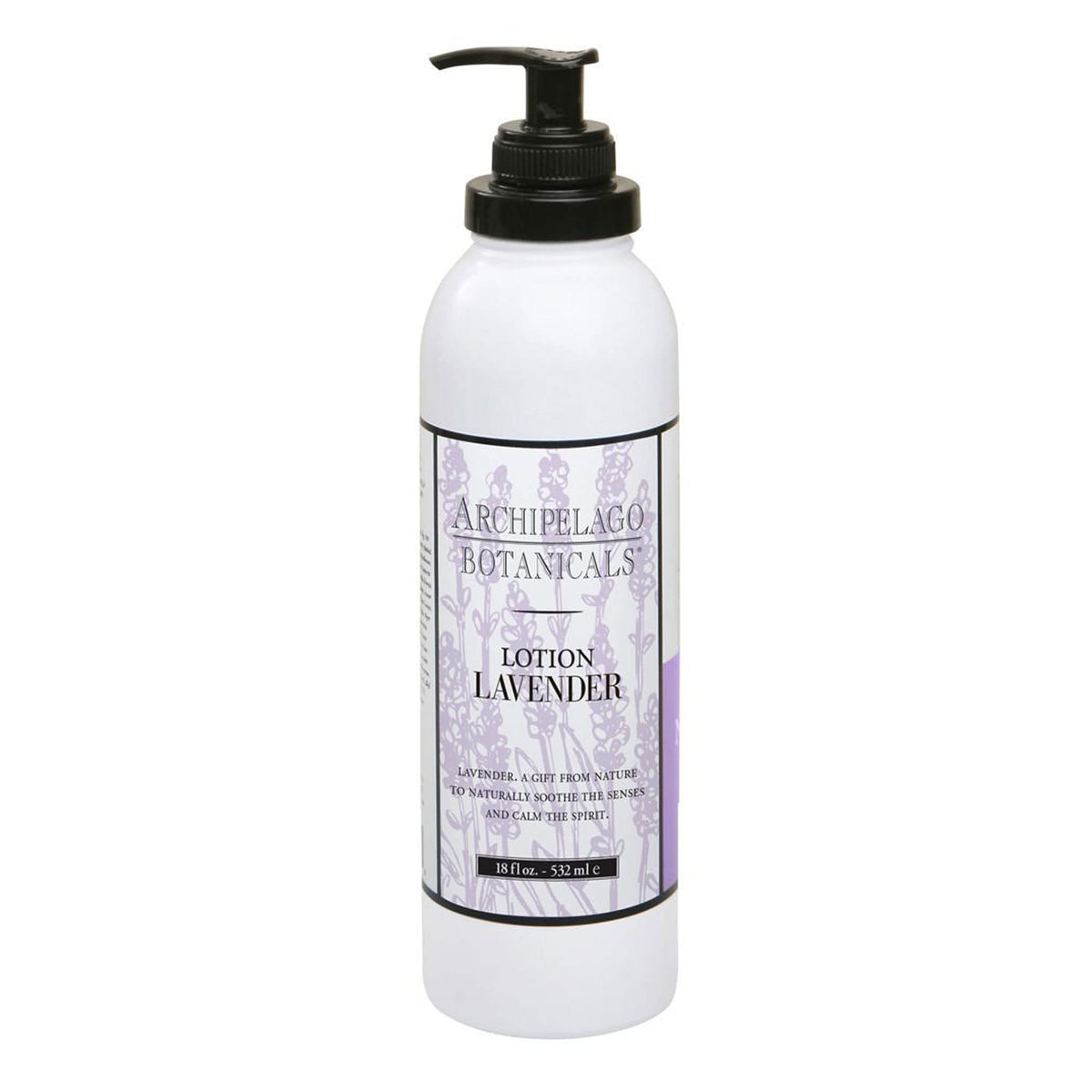 Archipelago Botanicals lavender lotion front bottle showing label and elegant design benefit: clear product identity