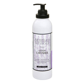 Archipelago Botanicals lavender lotion front bottle showing label and elegant design benefit: clear product identity