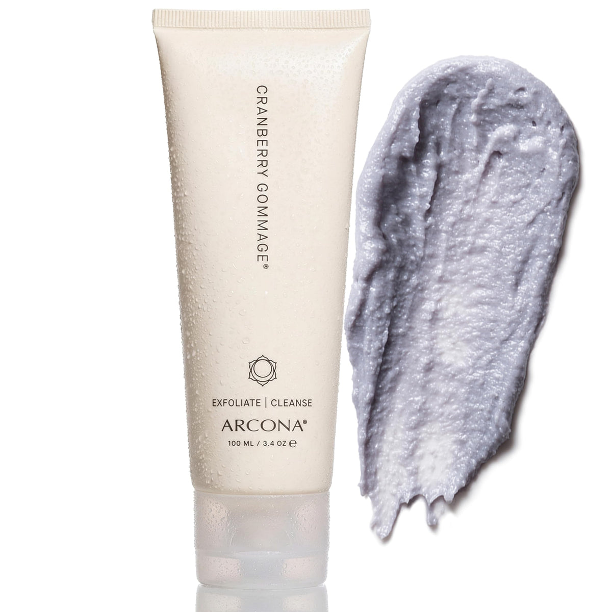 ARCONA front jar shot showing cranberry gommage and clean packaging benefit