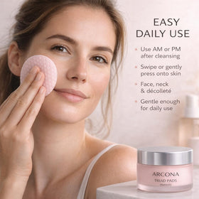 ARCONA pad being wiped on cheek showing gentle toning and hydration