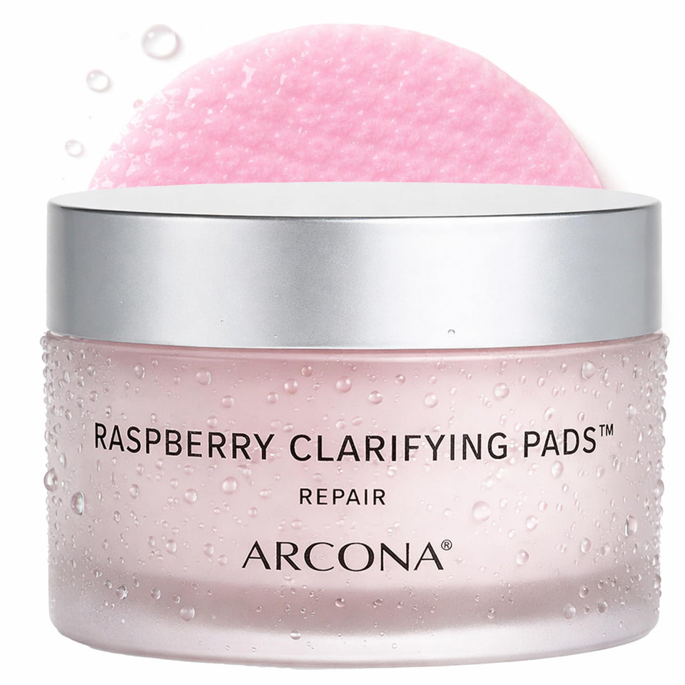 ARCONA raspberry clarifying pads front packaging shows 45 pads and clear benefits