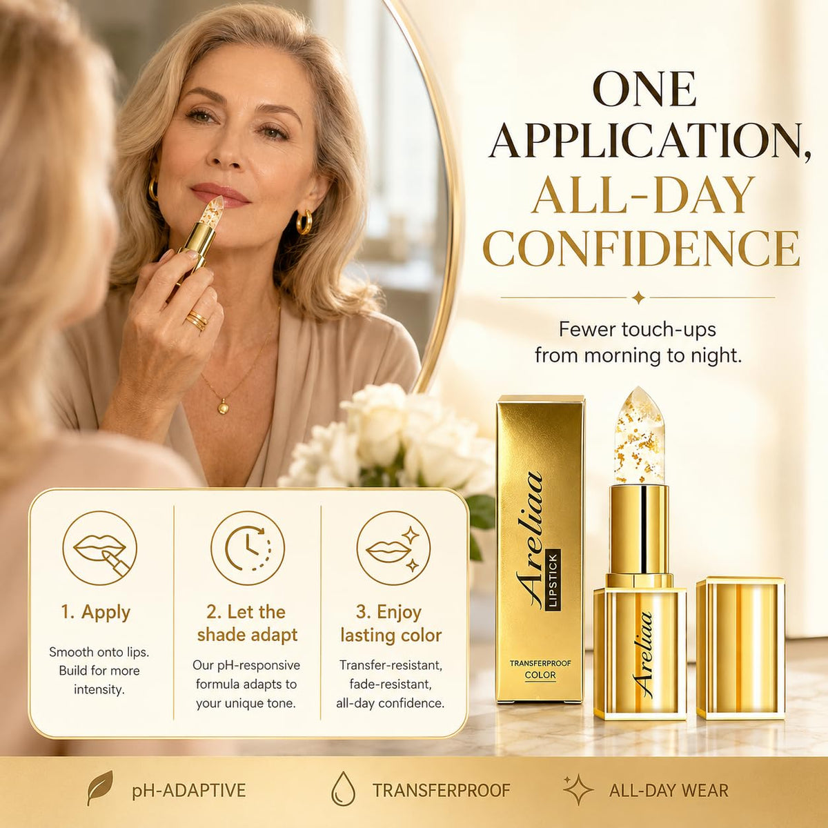 Areliaa lifestyle daytime scene of a woman applying lipstick for quick, polished results