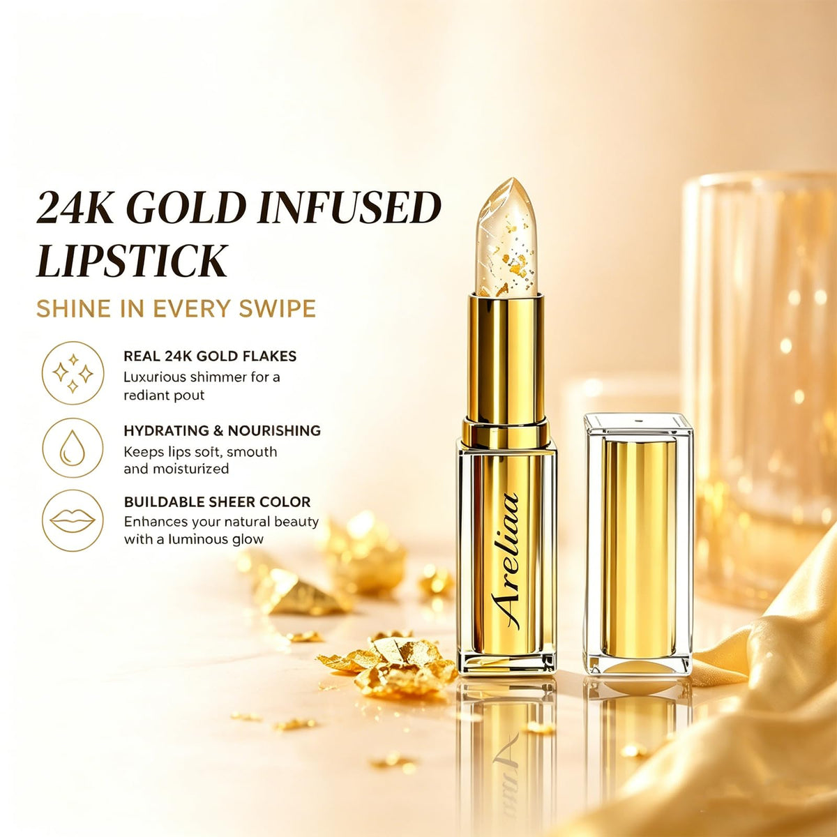 Areliaa open twist-up lipstick demonstrating smooth application and control