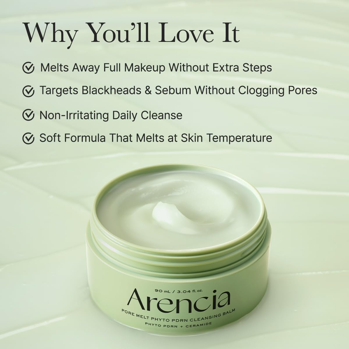 ARENCIA balm melting on hand during demo, demonstrates effortless makeup removal