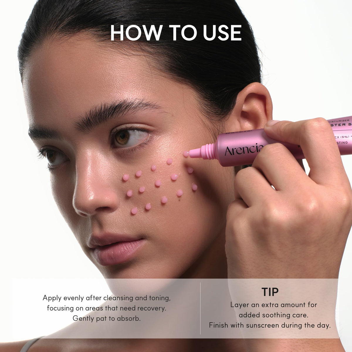 ARENCIA bottle next to moisturizer demonstrating serum-first layering benefit