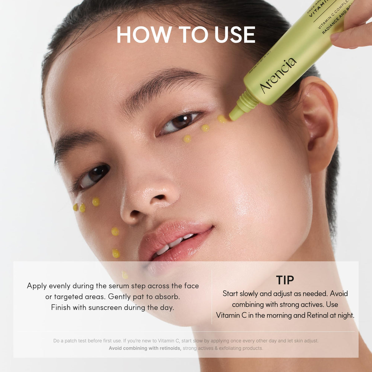 ARENCIA serum layered under sunscreen to show daytime protection workflow