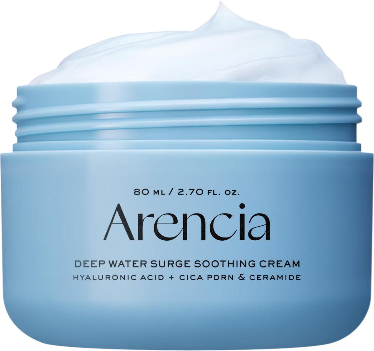 ARENCIA jar front view showing blue packaging and clear labeling for shelf appeal