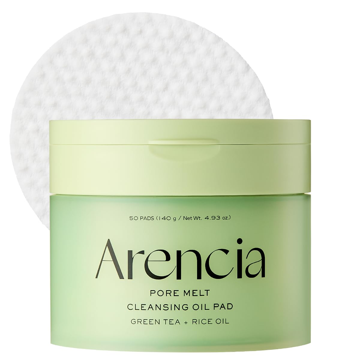 ARENCIA front packaging showing 50 cleansing oil pads and benefits