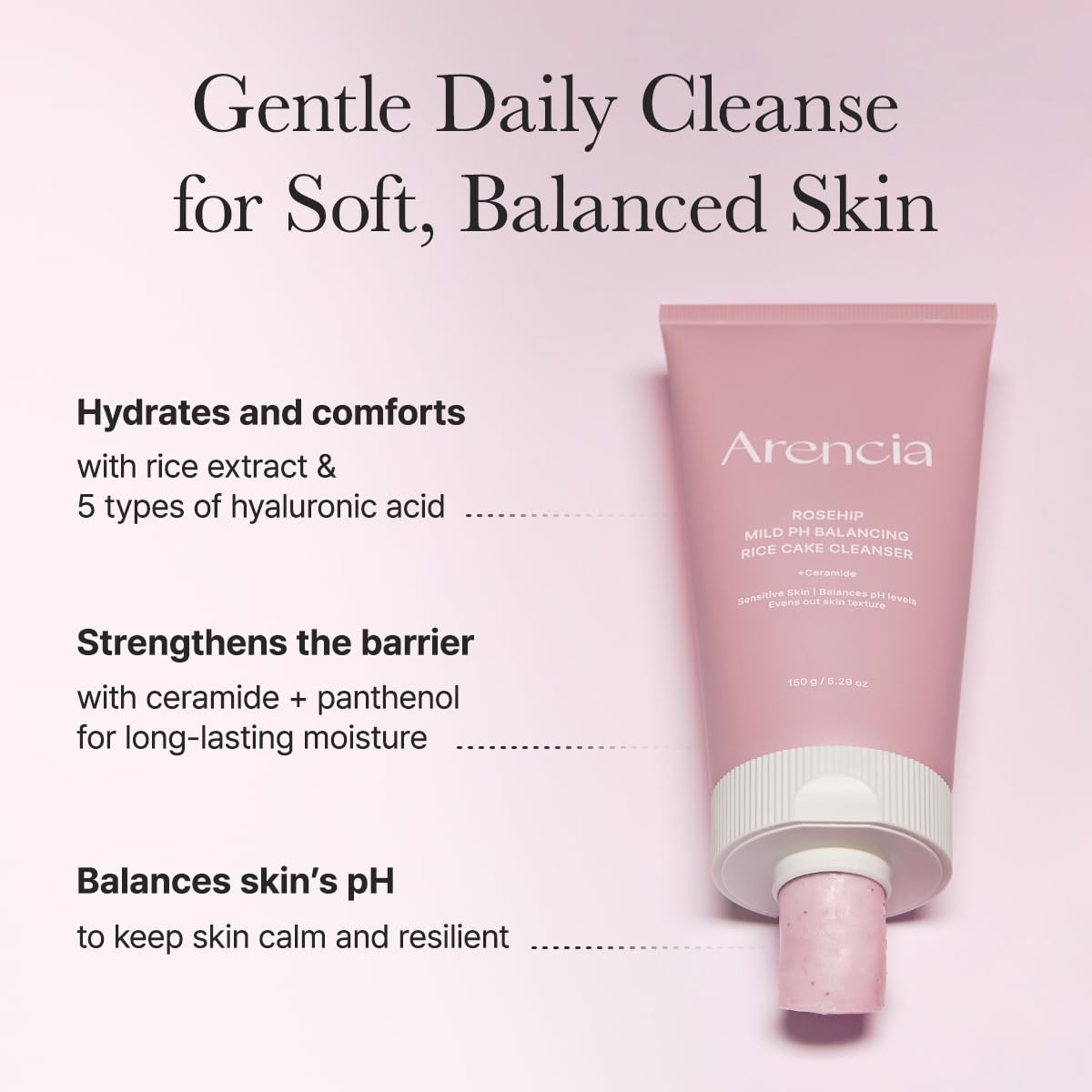 ARENCIA cleanser being applied on hand to illustrate gentle lather and easy rinsing