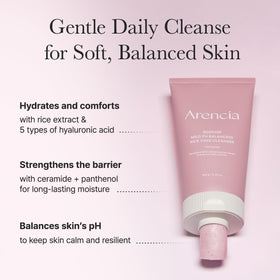ARENCIA cleanser being applied on hand to illustrate gentle lather and easy rinsing