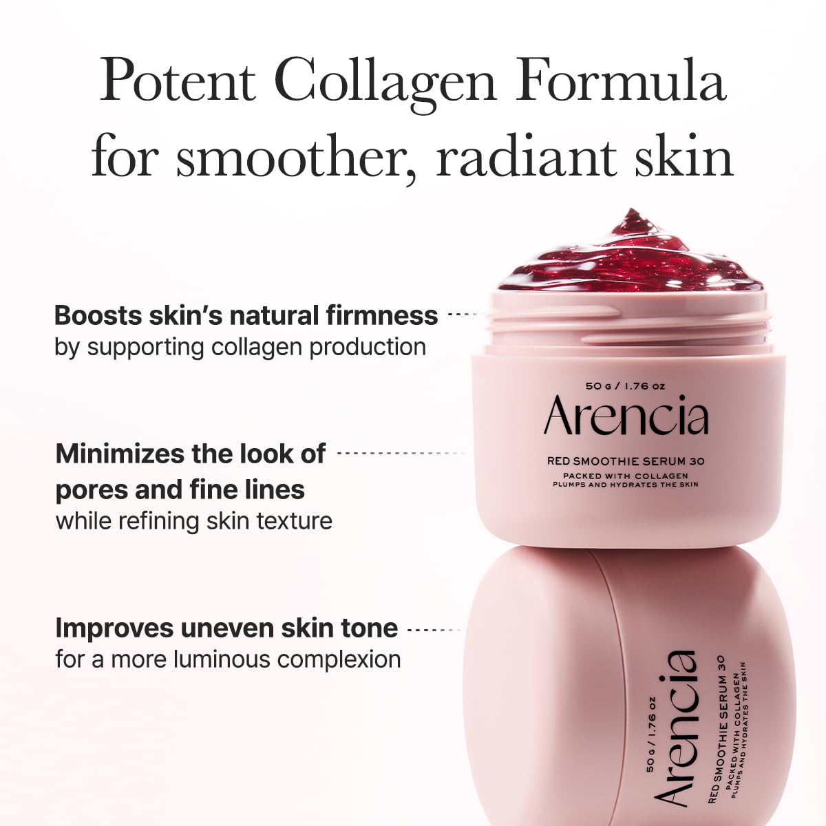 Arencia bottle with red collagen focus promoting improved elasticity